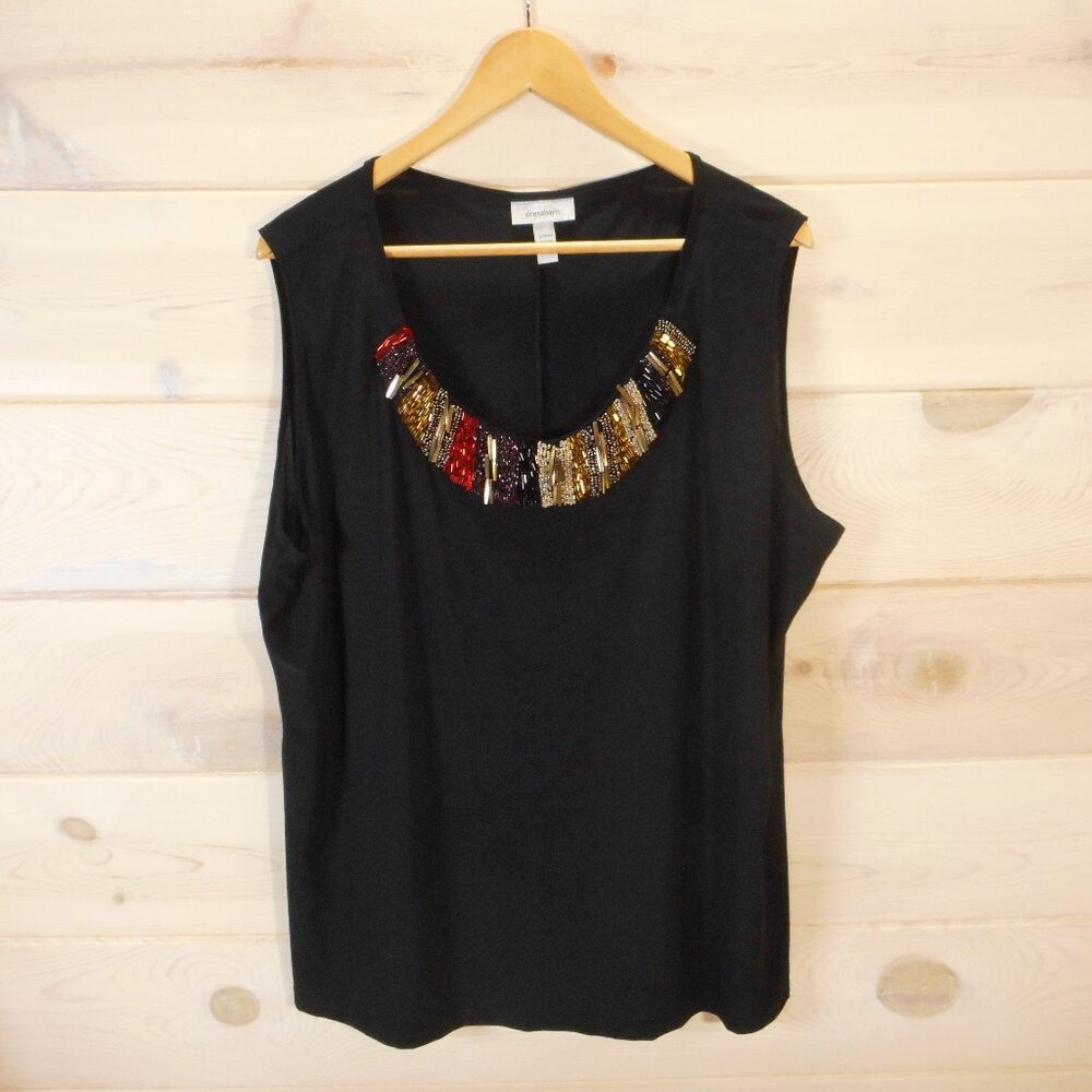 Dressbarn Women's Plus Size 22/24 Sleeveless Top Black Beaded Scoop Neckline